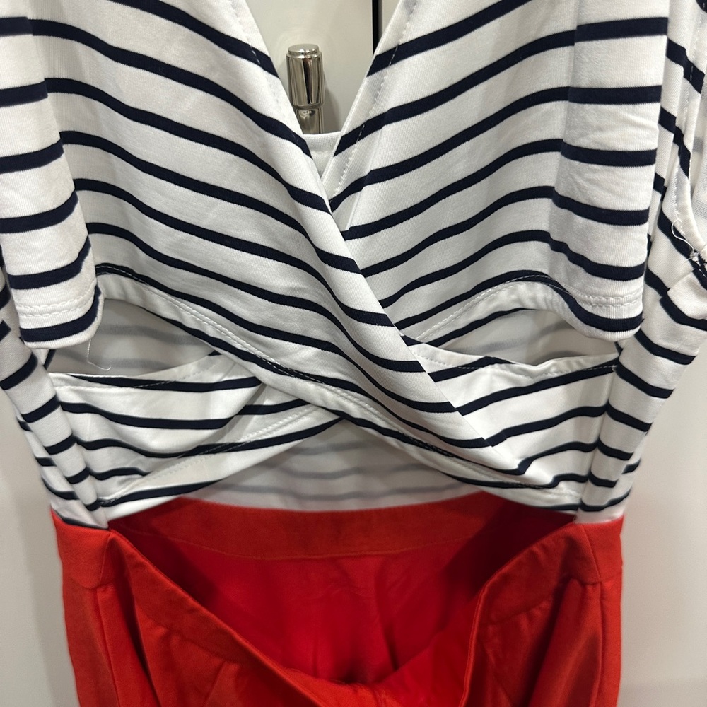 Boutique Striped Sleeveless Dress with Partially Open Back and Red Skirt - Picture 5 of 7